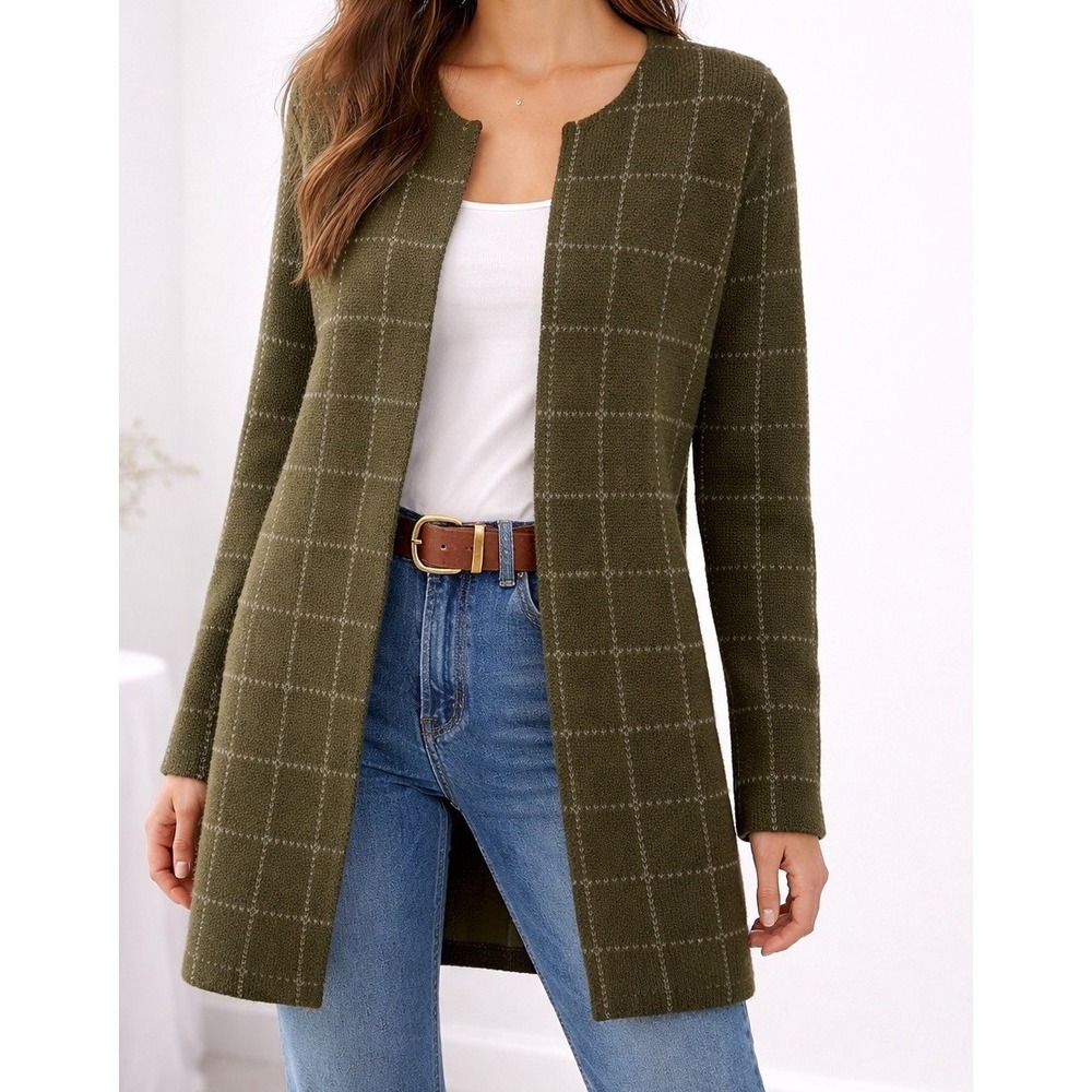 Olive Green Grid Cardigan Duster Minimal Cozy‎ Sweater M